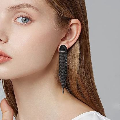 Mlouye 3.3"L Rhinestone Earrings Dangling Long Fringe Crystals Chandelier Dangle Drop Earrings for Women - color: 1-Pierced-Black