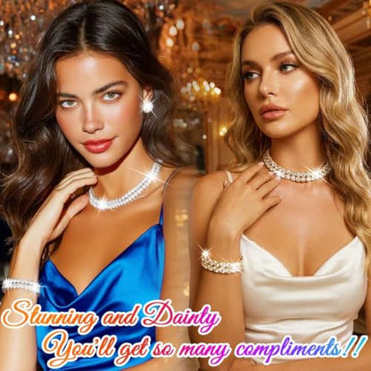 Silver Jewelry Set Rhinestone Necklace Earrings Bracelet Sets Wedding Prom Formal Jewelry for Women and Brides - color: Gold