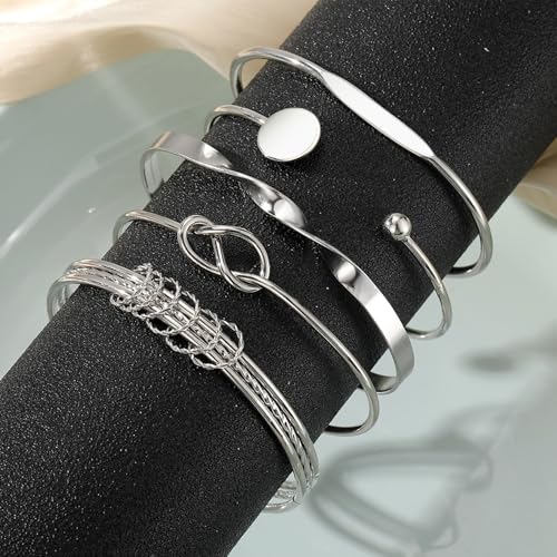 IFKM Gold Bangle Bracelets For Women, 14k Gold Plated Multi Layer Stackable Cuff Bracelet Set, Trendy Elegance Charms Non Tarnish Minimalist Textured Boho Jewelry Gift for Women - style: Multilayer opening silver