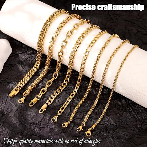 REVOLIA 8Pcs Stainless Steel Chain Bracelets for Men Women Cuban Link Bracelets Paperclip Figaro Rope Chain Bracelets Set 6.8-9 Inches - color: Gold