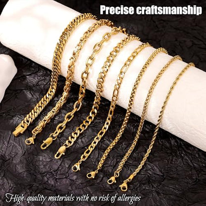 REVOLIA 8Pcs Stainless Steel Chain Bracelets for Men Women Cuban Link Bracelets Paperclip Figaro Rope Chain Bracelets Set 6.8-9 Inches - color: Gold