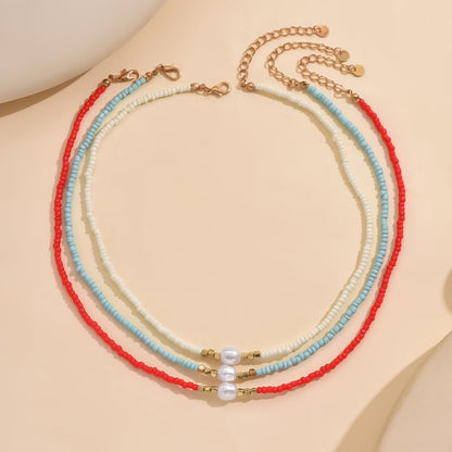 Faux Pearls Necklace Irregular Woven Beads Design, Adjustable Length, Multicolor Seed Beads for Everyday, Beach, Layering - color: White