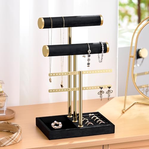 Bracelet Holder Jewelry Organizer Display - 3 Tier T Bar Velvet Stand, Black Jewelry Storage for Bracelet, Necklaces, Earrings, Rings, Watches - color: Black