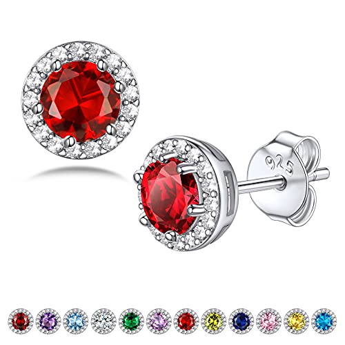 Bestyle Sparkling 925 Sterling Silver Birthstone Stud Earrings for Women, Heart/Round/Teardrop/Square Solitaire Diamond Studs Earrings, Great Birthday/Christmas Gifts - style: 07. Red Ruby-July-round