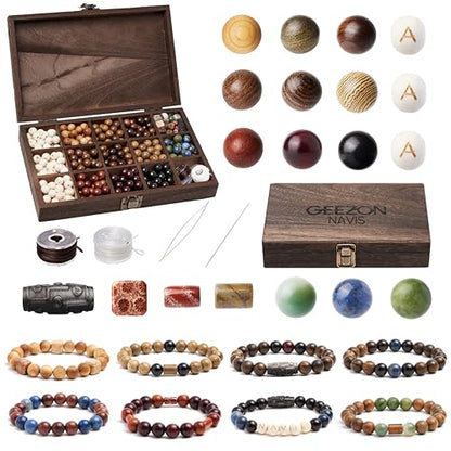 Geezon Navis DIY Bracelet Making Kit Natural Wooden Stone Beads Gift Craft | 10mm 296pcs 16 Colors - Natural & Unique, ALL-IN-ONE , One-of-a-kind, Starter, Gift, Immersive Handcraft, Calming, Meditate