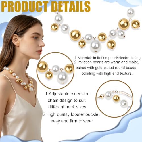 Layered Pearl Choker Necklace for Women, Chunky Large Faux Pearl Beaded Statement Jewelry with Adjustable Chain, Wedding Prom Gift for Her
