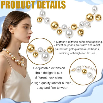 Layered Pearl Choker Necklace for Women, Chunky Large Faux Pearl Beaded Statement Jewelry with Adjustable Chain, Wedding Prom Gift for Her
