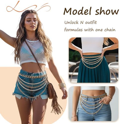 Dimore Women Belts for Dresses Plus Size, Gold Chain Belt Adjustable Waist Chain, Multi Layer Metal Chain Belt for Dresses (Style Gold 02, 150CM(Fit Waist 39-51 in))