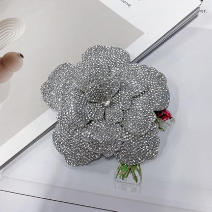 Rhinestone Flower Brooch Pin for Women Men Elegant Sparkly Crystal Camellia Floral Lapel Pins Shawl Dress Suit Clothes Accessories Wedding Party Fashion Jewelry 105mm - color: White