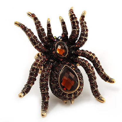 Avalaya Oversized Amber Coloured Crystal Spider Stretch Cocktail Ring (Antique Gold Tone)