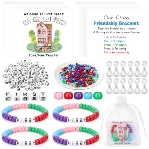 Tondiamo 24 Sets First Grade Back to School Gifts Friendship Bracelet Making Kit for Students Include Our Class is a Family Greeting Cards Beads Strings Bags DIY Kit for First Day of School Classroom - style: 1st Grade