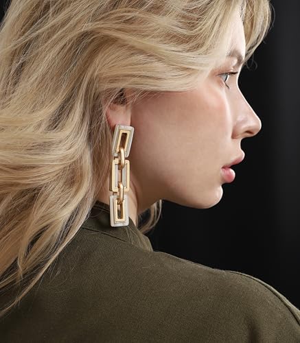 Ozel - Natural Wooden Acrylic Boho Drop Dangle Earrings for Women - Geometric Statement Jewellery - Brown, Black, Magent Red, Olive Green, White beige - color: 3Square_White beige