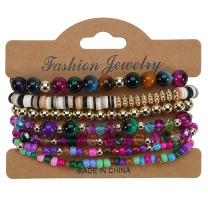 7Pcs Bohemia Multilayer Stackable Crystal Beaded Bracelet Set Multicolor Surfer Heishi Clay Gold Beaded Friendship Stretch Bracelets for Women Men Summer Beach Boho Vacation Jewelry Gifts - color: Colorful