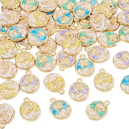 50Pcs Alloy Enamel Rose Flower Charms Golden Plated Rose Charms for Jewelry Making, 16.5x12mm Drop Oil Floral Pendant for DIY Necklace Earring Bracelet Craft Supplies - color: Golden Plated, Oval Flower