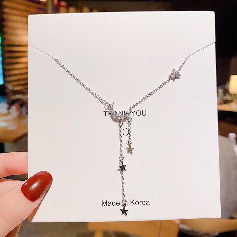 Silver Moon and Star Pendant Necklace for Women, Dainty Layered Y Chain Necklace, Elegant Celestial Jewelry Gift
