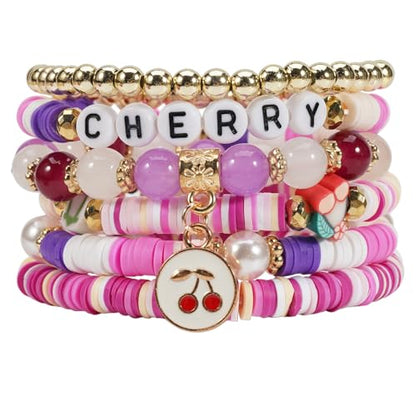 Twinfree Bohemian Cute Fruit Banana Cherry Strawberry Pineapple Mango Polymer Clay Beaded Stackable Stretch Bracelets - color: Color 5