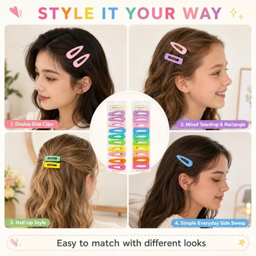 Bphne 20 Pcs Matte Non-Slip Snap Hair Clips for Women, Pastel Teardrop & Rectangle Barrettes, Small Metal Pins for Bangs, Strong Hold for School Party Travel Gift - color: Pastel
