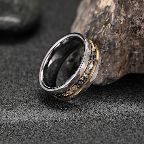 Mens Tungsten Carbide Wedding Bands 8mm Black Hammered Edge Gold Foil Inly Durable Scratch Proof Stainless Steel Cool Promise Ring for Him Comfort Fit - color: Silver-8mm