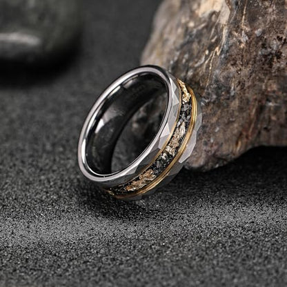 Mens Tungsten Carbide Wedding Bands 8mm Black Hammered Edge Gold Foil Inly Durable Scratch Proof Stainless Steel Cool Promise Ring for Him Comfort Fit - color: Silver-8mm
