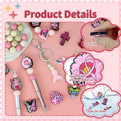 12pcs Breast Cancer Awareness Silicone Focal Beads for pens | Focal Beads for Keychain Making,Pens,Bracelet,Necklace Crafts,Bulk Silicone Beads for DIY（Breast Cancer Awareness） - color: Breast Cancer