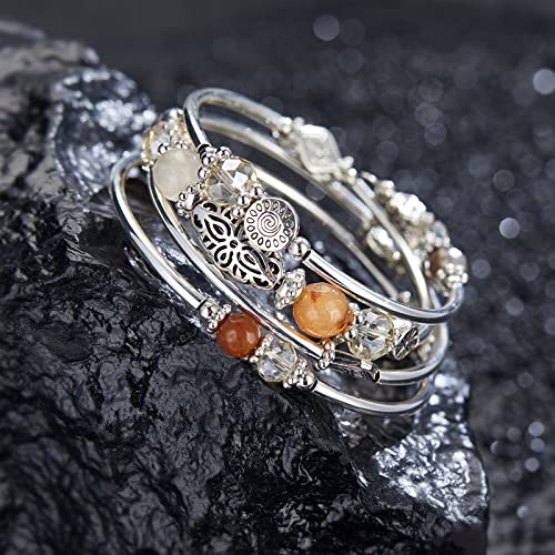FULU AUTUMN Stackable Beaded Bracelets for Women Boho Wrap Silver Bracelet Layered Fashion Jewelry Gifts for Her - color: Brown