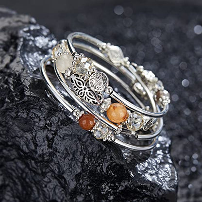 FULU AUTUMN Stackable Beaded Bracelets for Women Boho Wrap Silver Bracelet Layered Fashion Jewelry Gifts for Her - color: Brown