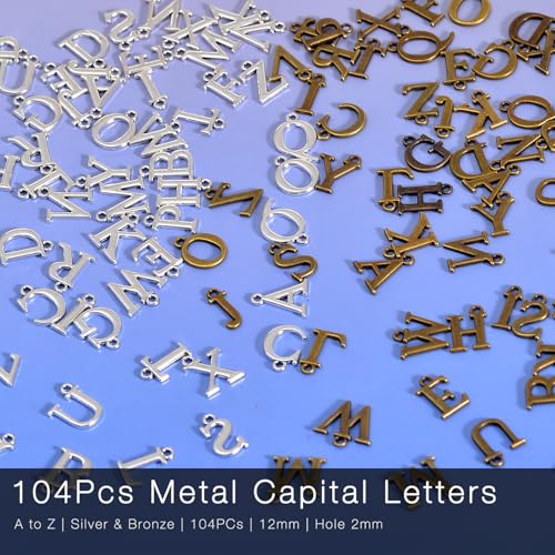 stino 200Pcs A-Z Metal Letter Charms for Jewelry Making, Capital Alphabet Initial Charms - color: 104Pcs Silver & Bronze Capital