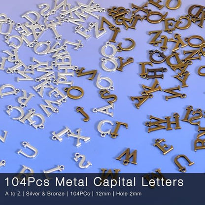stino 200Pcs A-Z Metal Letter Charms for Jewelry Making, Capital Alphabet Initial Charms - color: 104Pcs Silver & Bronze Capital