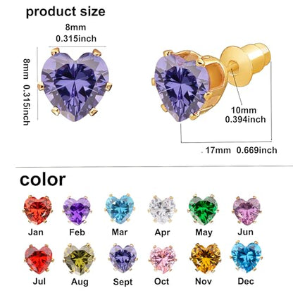 8mm Heart-Cut Birthstone Stud Earrings for Women – 18K Gold Plated Hypoallergenic Cubic Zirconia Earrings, Nickel Free, 12 Months Colors, Everyday Jewelry, Gift for Her, Bridal, Birthday, Christmas - color: 09 Sept Tanzanite