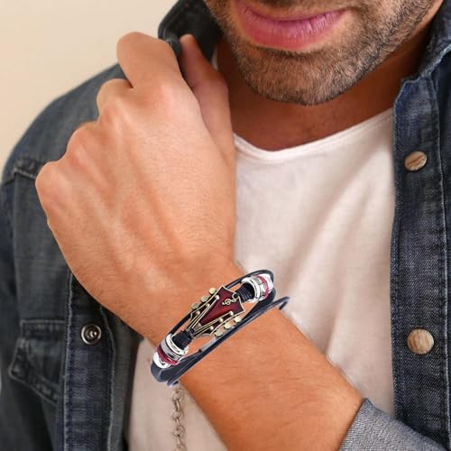 Angyape Retro Faux Leather Guitar Bracelet, Zinc Alloy Rock Music Guitar Leather Bracelet Punk Handmade Braided Multi-Layer Wrap Guitar Shape Decorative Cuff Bracelet Musical Enthusiast Gift - color: Red
