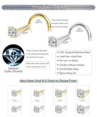 8Pcs Nose Rings Studs Set for Women Men: Hypoallergenic G23 Titanium/316L Surgical Stainless Steel Nose Studs, Nickel-free Lead-free L Shaped Corkscrew Nose Piercing Jewelry CZ 1.5mm 2mm 2.5mm 3mm - style: 8pcs 20G Gold/Silver - Stainless Steel
