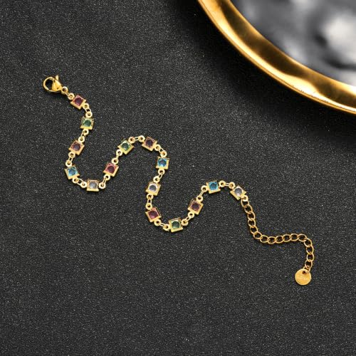 Dainty Gold Bracelets for Women, 18 Gold Plated Adjustable Evil Eye/Butterfly/Beaded/Pearl/Heart/Turquoise Handmade Bracelet for Women - style: square colorful cubic zirconia