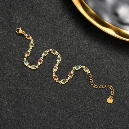 Dainty Gold Bracelets for Women, 18 Gold Plated Adjustable Evil Eye/Butterfly/Beaded/Pearl/Heart/Turquoise Handmade Bracelet for Women - style: square colorful cubic zirconia