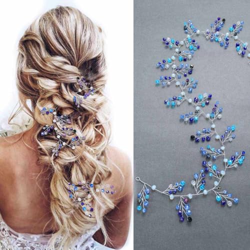 Bride Wedding Hair Vine Blue Rhinestones Bridal Hair Accessories Beaded Headband Hair Piece for Women and Girls (27.5 Inches) - color: Silver