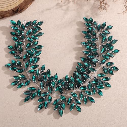 Missgrace Women Silver Green Black Red Blue Handmade Full Crystal Rhinestone Large Headband Hair Vine Shinny Headpiece Bridal Wedding Hair Accessories for Women (Silver Peacock green) - color: Silver Peacock green