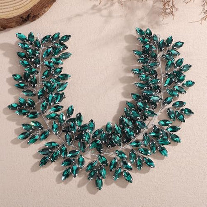 Missgrace Women Silver Green Black Red Blue Handmade Full Crystal Rhinestone Large Headband Hair Vine Shinny Headpiece Bridal Wedding Hair Accessories for Women (Silver Peacock green) - color: Silver Peacock green