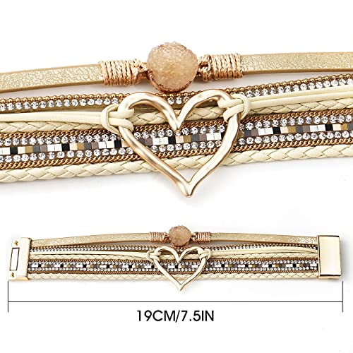 Suyi Multilayer Leather Wrap Bracelet Heart-Shape Wide Bracelets for Women - color: Khaki