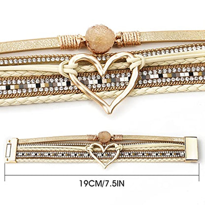 Suyi Multilayer Leather Wrap Bracelet Heart-Shape Wide Bracelets for Women - color: Khaki