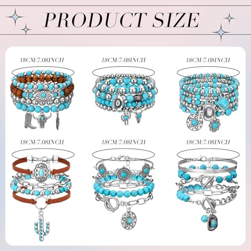 6 Pcs Turquoise Bracelet for Women Leather Bracelet Western Jewelry for Women Multilayer Boho Cuff Bangle Set - style: Elegant