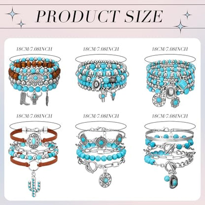 6 Pcs Turquoise Bracelet for Women Leather Bracelet Western Jewelry for Women Multilayer Boho Cuff Bangle Set - style: Elegant