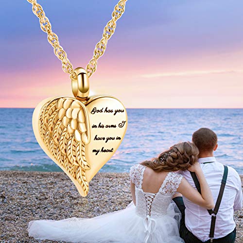 shajwo Cremation Heart Urn Necklace Ashes Jewelry for Women Men Keepsake Pendant Memorial Locket Ash Holder - color: Wing-Gold