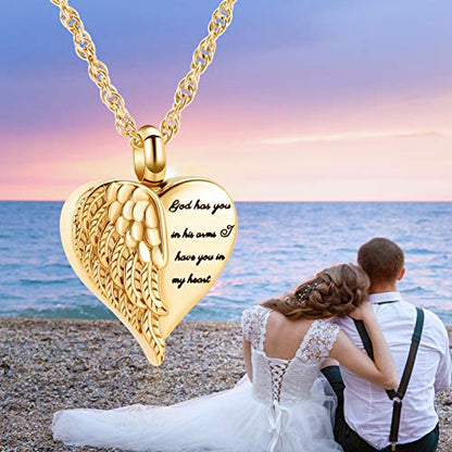 shajwo Cremation Heart Urn Necklace Ashes Jewelry for Women Men Keepsake Pendant Memorial Locket Ash Holder - color: Wing-Gold