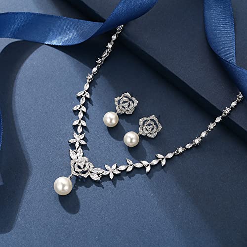 EleQueen Women's Simulated Pearl Wedding Jewelry Set for Brides | Cubic Zirconia Necklace Earrings Bracelet Set for Brides Bridesmaids, Bridal Jewelry Set for Anniversary/Memorial Day - style: Rose Flower Pearl Jewelry Set