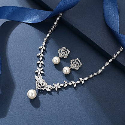 EleQueen Women's Simulated Pearl Wedding Jewelry Set for Brides | Cubic Zirconia Necklace Earrings Bracelet Set for Brides Bridesmaids, Bridal Jewelry Set for Anniversary/Memorial Day - style: Rose Flower Pearl Jewelry Set