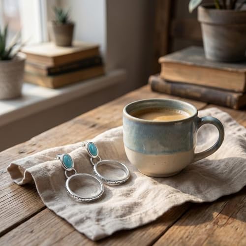 Turquoise Gemstone Stud Earrings Featuring Antique Silver Tone Engraved Hoop Style Turquoise Jewelry Dangle Accents With Oval Stones For Women Bohemian Fashion Daily Party Gifts