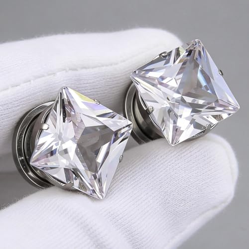 ARTFAN Ear Expander Gauges Tunnels - 2PCS Stainless Steel Screw Square CZ Stone Plugs Tunnels for Stretched Ears, Ear Gauges Stretcher for Women Men, Hypoallergenic Body Piercing Jewelry - size: 6g (4mm)