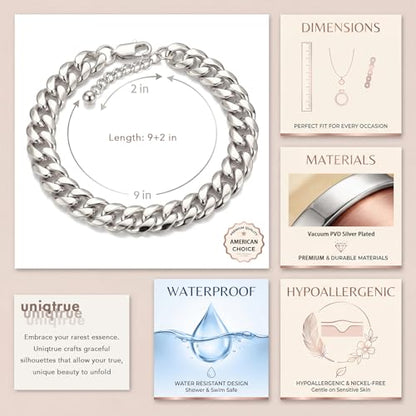 Width-12mm Chunky Cuban Link Ankle Bracelets for Women Waterproof, 18K Gold/Silver Plated Anklets Cubic Zirconia Adjustable Thick Chain Trendy Beach Summer Fashion Jewelry Gift - style: Style 1-Silver