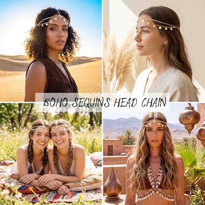 Yokawe Gold Sequins Head Chain Jewelry Bohemian Layered Festival Costume Headpieces Hair Accessories for Women