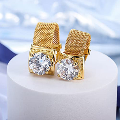 HAWSON Mens Cufflinks with Chain - Stone and Shiny Gold Tone Shirt Accessories - Party Gifts for Young Men - color: 24K Gold Color+White Crystal