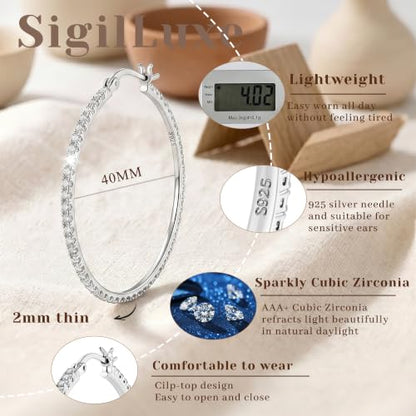 2MM S925 Sterling Silver Post Cubic Zirconia Hoop Earrings Hypoallergenic | 14K Gold Plated - color: Silver-40MM